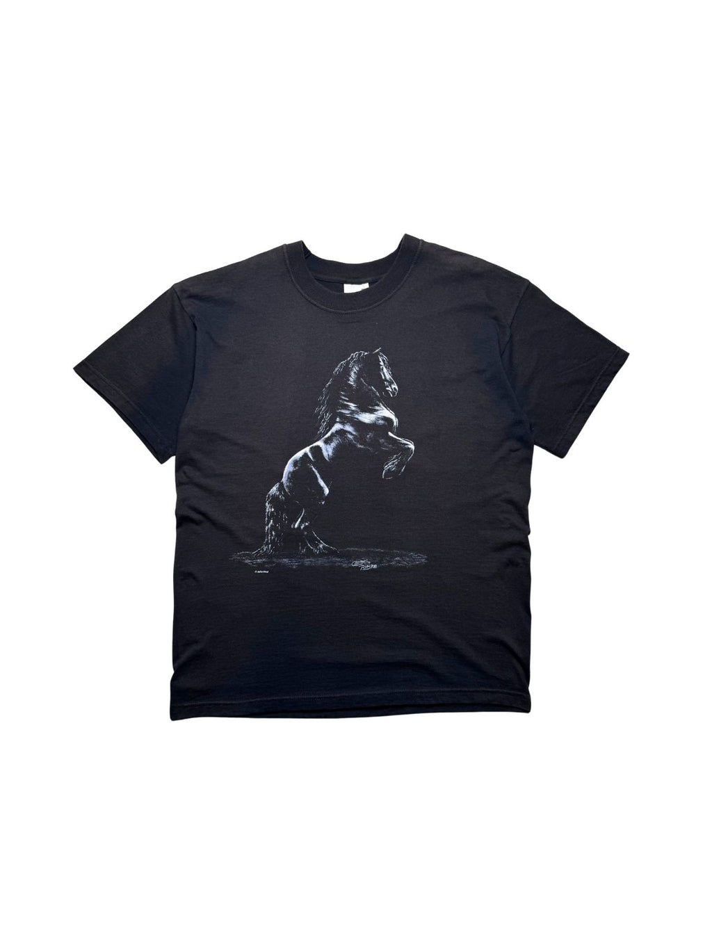 Originales schwarzes Vintage T-Shirt aus den 2000er Jahren mit Friesenpferd-Grafik in der vorderen Gesamtansicht. Animal-Graphic-Shirt mit steigendem schwarzen Hengst im Kunstdruck.