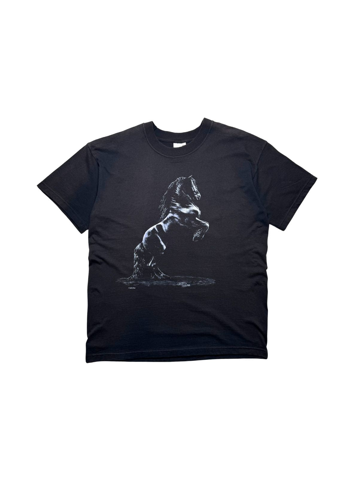 Originales schwarzes Vintage T-Shirt aus den 2000er Jahren mit Friesenpferd-Grafik in der vorderen Gesamtansicht. Animal-Graphic-Shirt mit steigendem schwarzen Hengst im Kunstdruck.