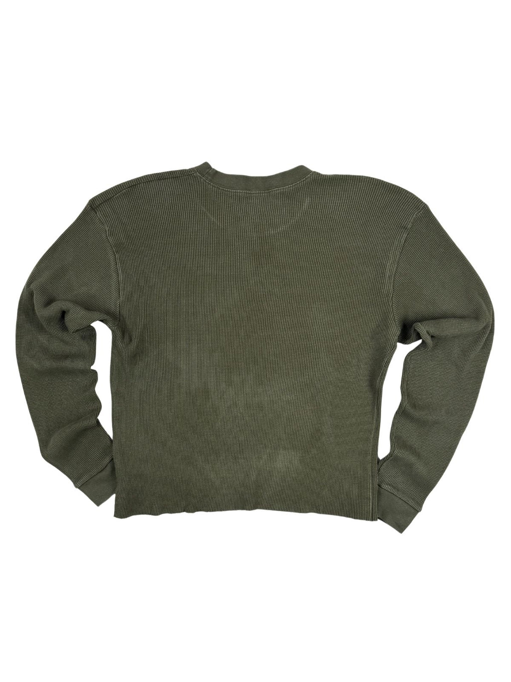 Rückansicht des 90er-Jahre Bundeswehr Thermal-Shirts in Olivgrün, elastischer Waffle-Knit-Stoff mit weitem, bequemen Schnitt.