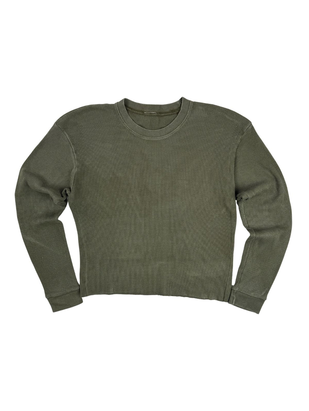 Originales Vintage Bundeswehr Kälteschutz-Unterhemd aus den 1990er Jahren, olivgrünes Thermo-Longsleeve mit markanter Waffelstruktur in der Frontansicht.