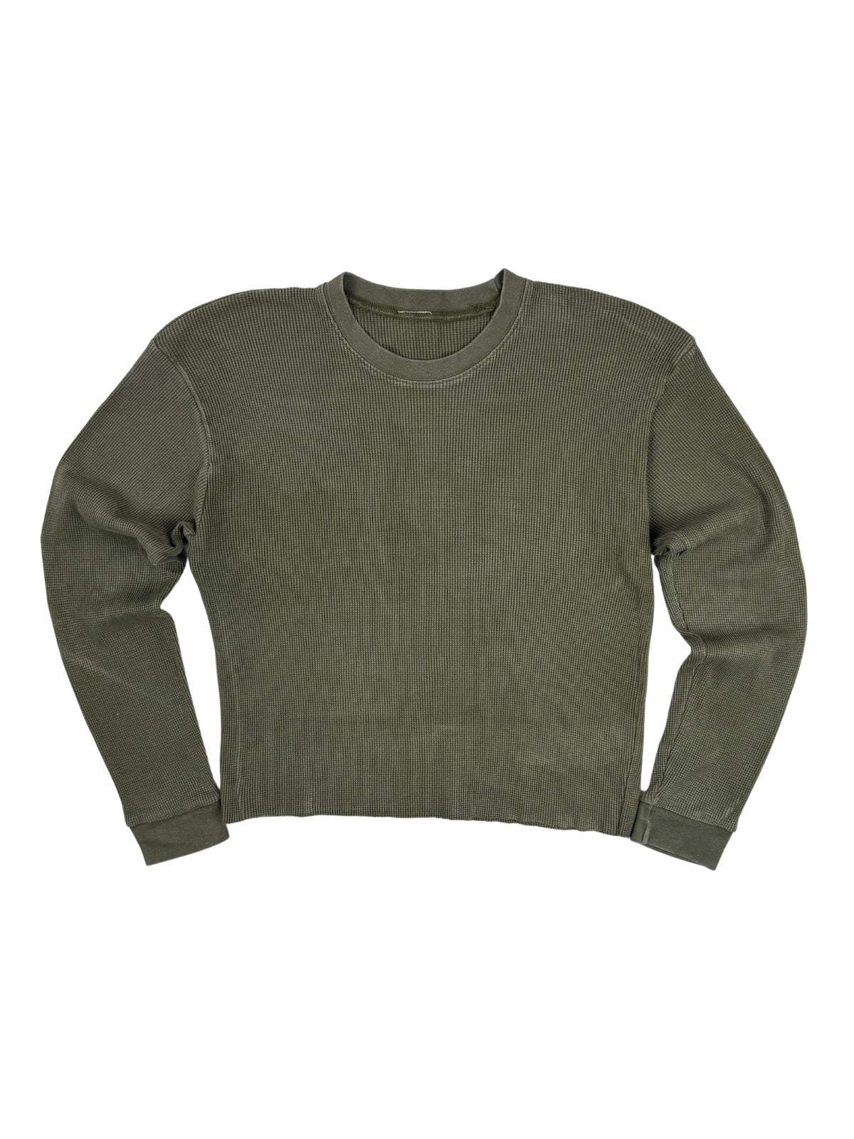 Originales Vintage Bundeswehr Kälteschutz-Unterhemd aus den 1990er Jahren, olivgrünes Thermo-Longsleeve mit markanter Waffelstruktur in der Frontansicht.