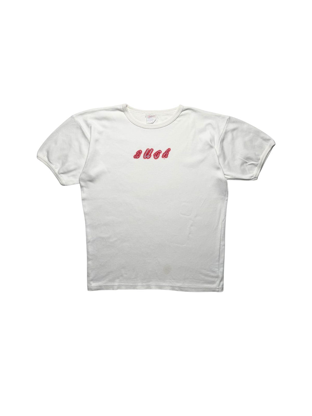 Originales weißes Vintage Bush Girlie T-Shirt von 1995 in der vorderen Gesamtansicht. Britpop- / Grunge-Bandshirt im Baby-Tee-Schnitt mit rotem Glitzer-Schriftzug.