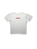 Originales weißes Vintage Bush Girlie T-Shirt von 1995 in der vorderen Gesamtansicht. Britpop- / Grunge-Bandshirt im Baby-Tee-Schnitt mit rotem Glitzer-Schriftzug.