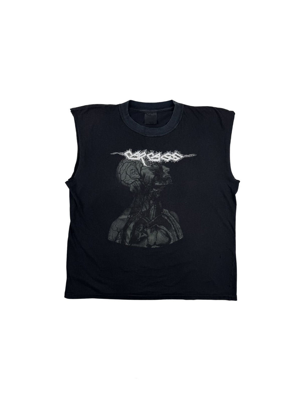 Originales Vintage Carcass Tank Top von 1991 zur Single „Incarnated Solvent Abuse“. Schwarz verwaschenes, ärmelloses Metal-Bandshirt in der Frontansicht mit dem charakteristischen anatomischen Grafikprint.