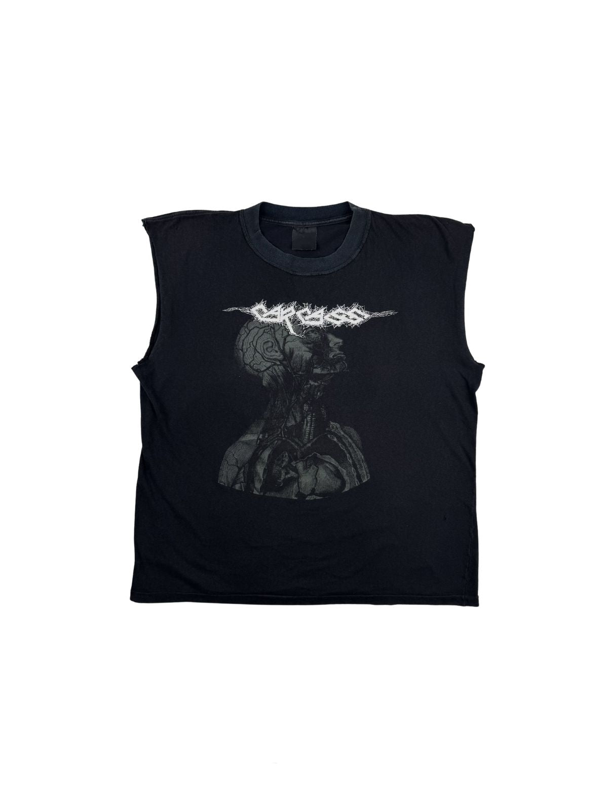 Originales Vintage Carcass Tank Top von 1991 zur Single „Incarnated Solvent Abuse“. Schwarz verwaschenes, ärmelloses Metal-Bandshirt in der Frontansicht mit dem charakteristischen anatomischen Grafikprint.