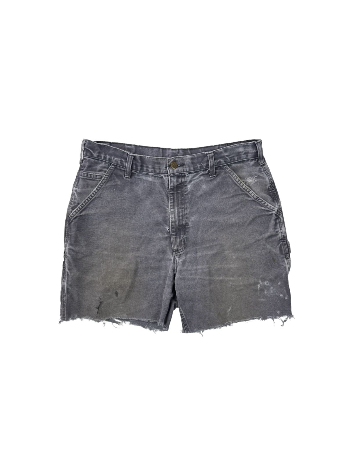 Vorderansicht einer Vintage Carhartt Cut-Off Shorts aus gewaschenem grauem Canvas mit Distressed-Effekten und Fransen-Saum.