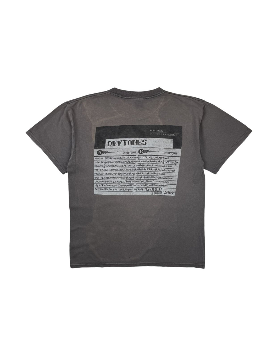 Rückseite des Deftones 2007 World Tour Shirts mit großem Backprint im Stil einer beschrifteten Kassettenhülle samt internationaler Tourdaten.