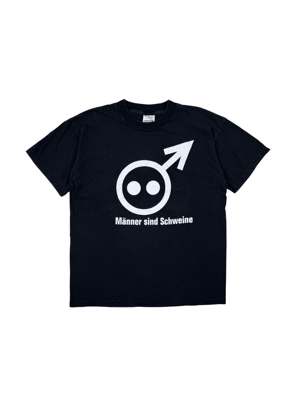 Originales Vintage Band-Shirt von Die Ärzte zur Hit-Single „Männer sind Schweine“ aus dem Jahr 1998. Schwarzes Punk-Rock T-Shirt in der Frontansicht mit dem ikonischen weißen Schweine-Mars-Symbol.
