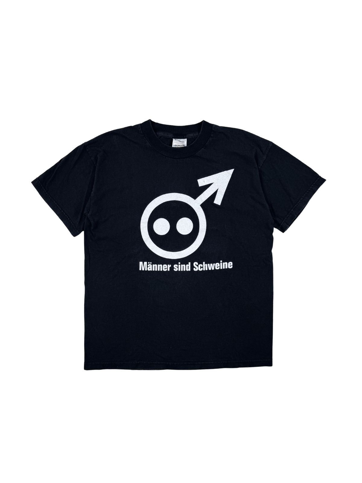 Originales Vintage Band-Shirt von Die Ärzte zur Hit-Single „Männer sind Schweine“ aus dem Jahr 1998. Schwarzes Punk-Rock T-Shirt in der Frontansicht mit dem ikonischen weißen Schweine-Mars-Symbol.