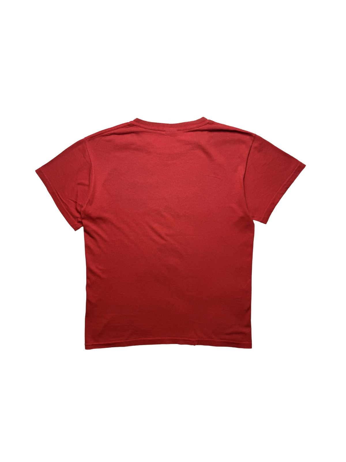 Rückseite des roten Einstürzende Neubauten Vintage-Shirts im unbedruckten, schlichten Zustand mit leichtem Boxy-Schnitt.