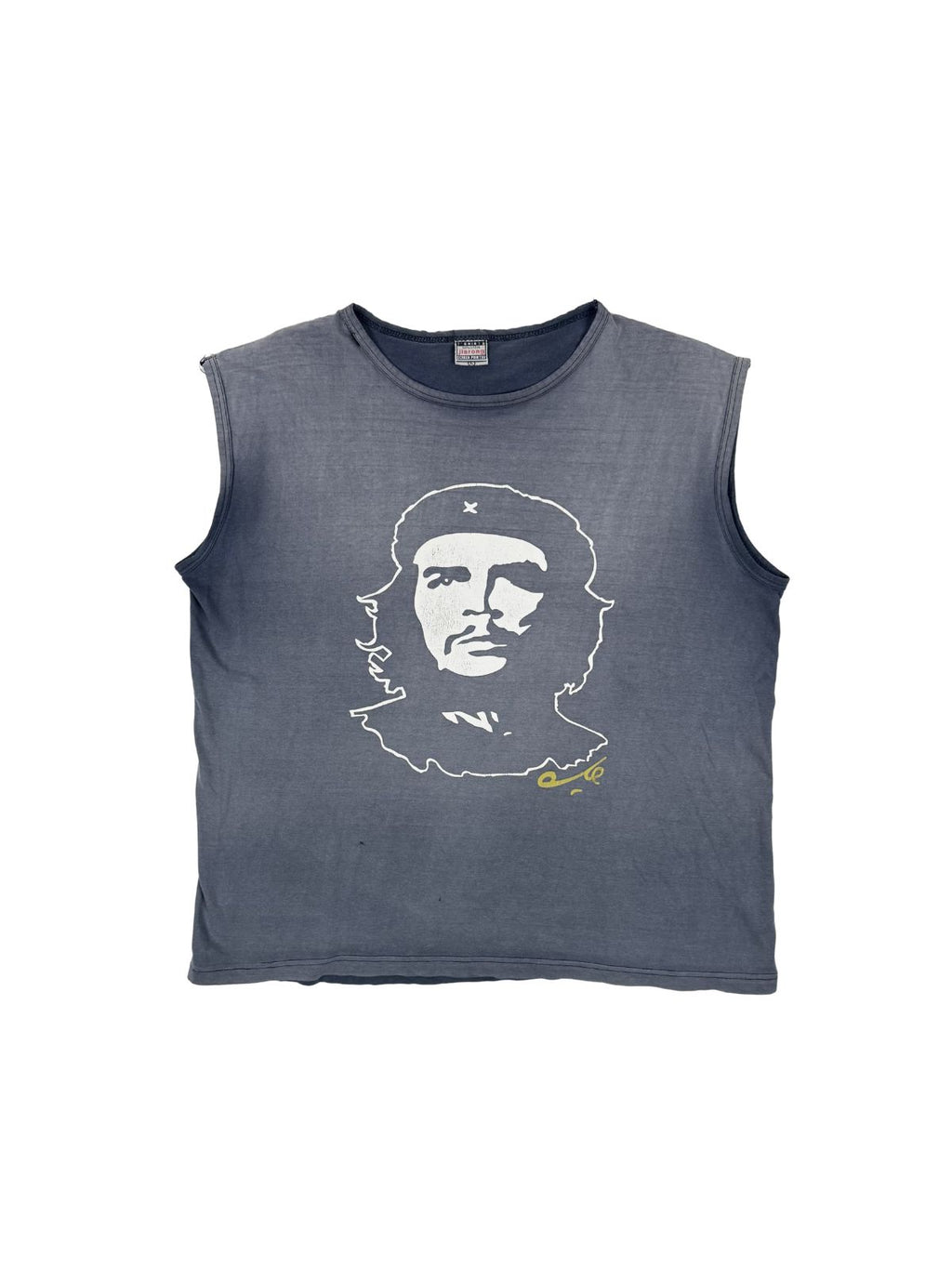 Vorderansicht eines grau-blauen Vintage Che Guevara Tank Tops aus den 1990ern; zeigt das ikonische Porträt von Ernesto „Che“ Guevara in weißem Siebdruck auf stark sonnengebleichtem (sun-faded) Stoff.