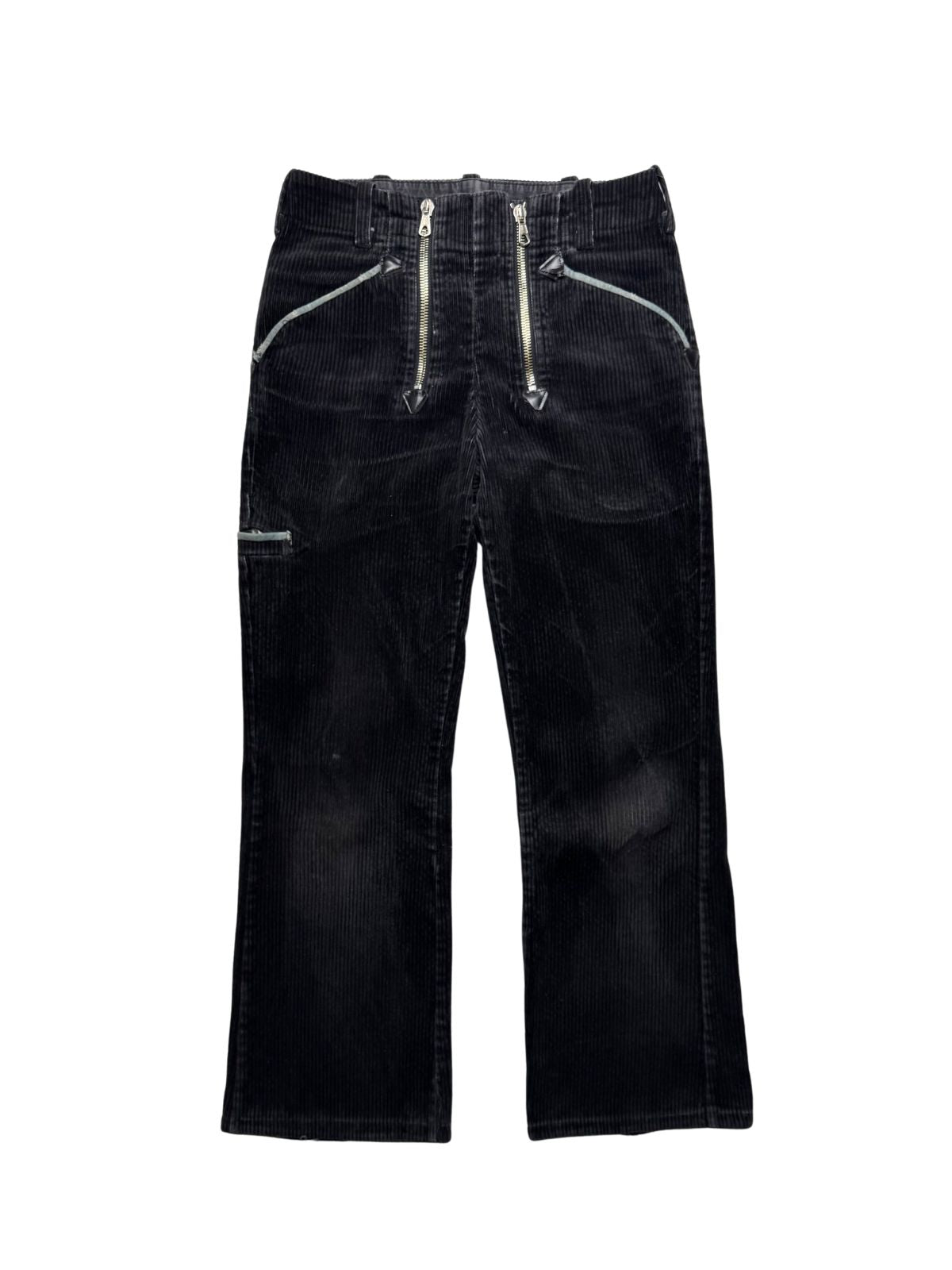 Vintage deutsche Zimmermanns-Zunfthose aus schwarzem Trennker-Cordstoff aus den 1980er Jahren in der Gesamtansicht mit doppelten Reißverschlüssen und Leder-Paspelierung an den Taschen.