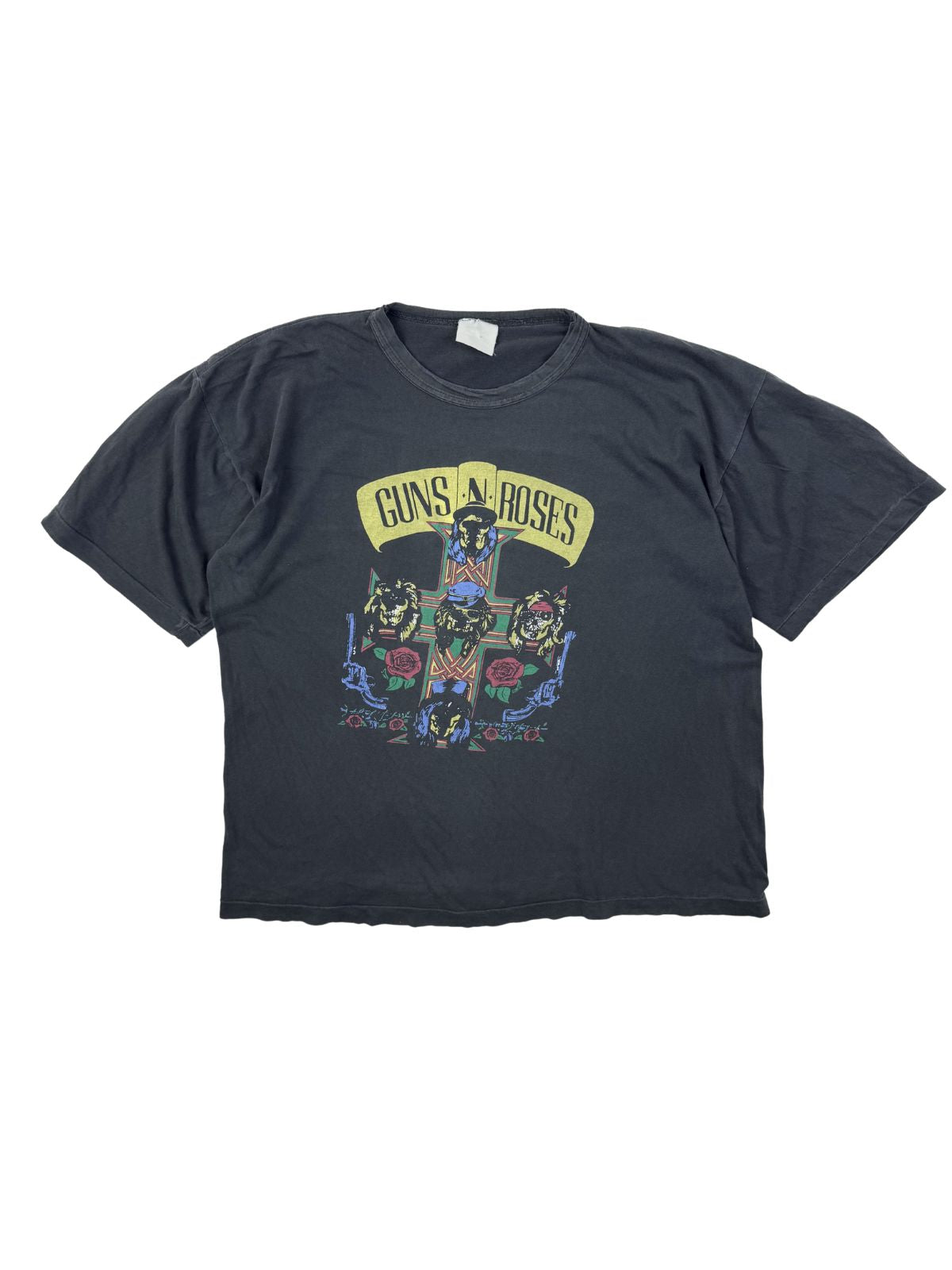 Originales Vintage Guns N' Roses T-Shirt aus den 1990er Jahren zum Album „Appetite for Destruction“. Verwaschenes schwarzes Band-Shirt mit dem ikonischen Kreuz- und Totenkopf-Print auf der Vorderseite.