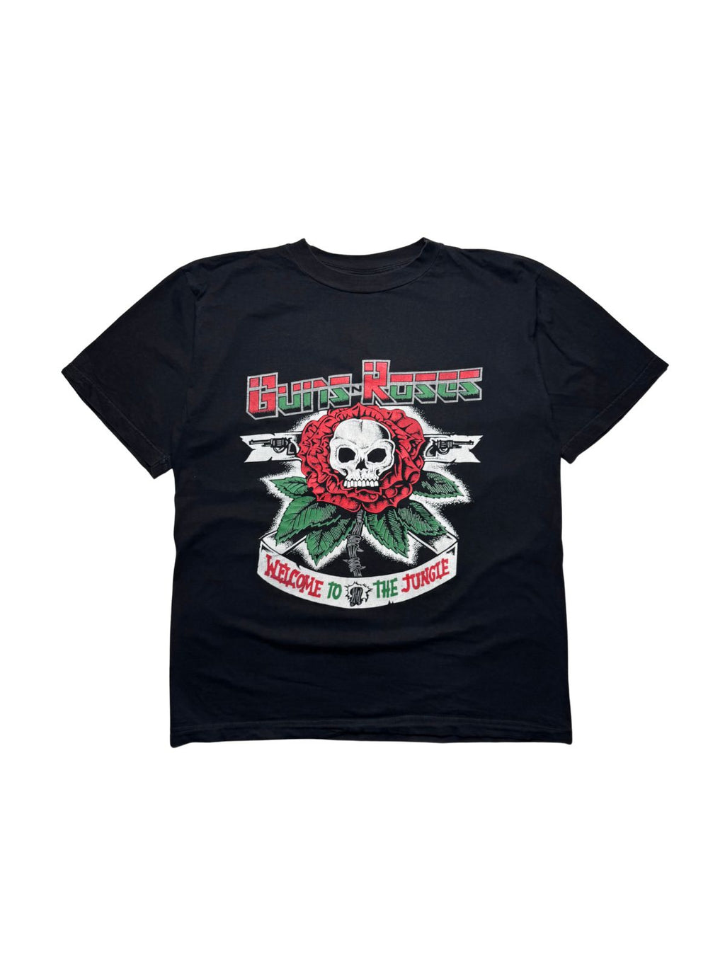 Originales schwarzes Vintage Guns N' Roses T-Shirt aus den 1990er Jahren in der vorderen Gesamtansicht. Kultiges Rock-Bandshirt mit dem „Welcome to the Jungle“-Totenkopf- und Rosen-Siebdruck.