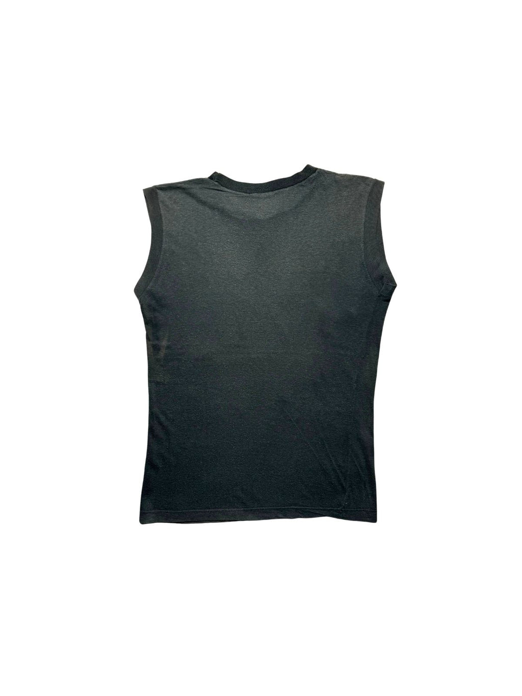 Rückseite des schwarzen Helen Schneider Vintage Tank Tops von 1982 in der unbedruckten Gesamtansicht auf meliertem Baumwollstoff.