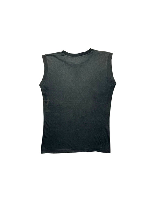 Rückseite des schwarzen Helen Schneider Vintage Tank Tops von 1982 in der unbedruckten Gesamtansicht auf meliertem Baumwollstoff.