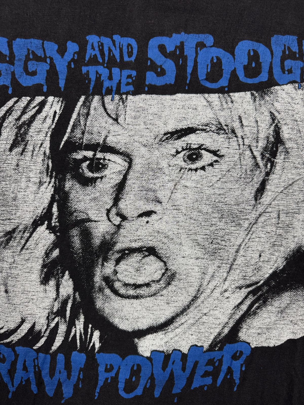 Nahaufnahme des weiß-blauen Grafikprints; zeigt das Iggy & The Stooges Logo und das Artwork im Punk-Style.
