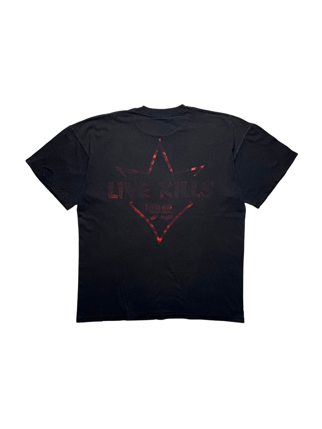 Rückseite des schwarzen In Flames Vintage-Shirts von 1998 in der Gesamtansicht mit rotem „LIVE KILLS '98“-Sternenlogo.