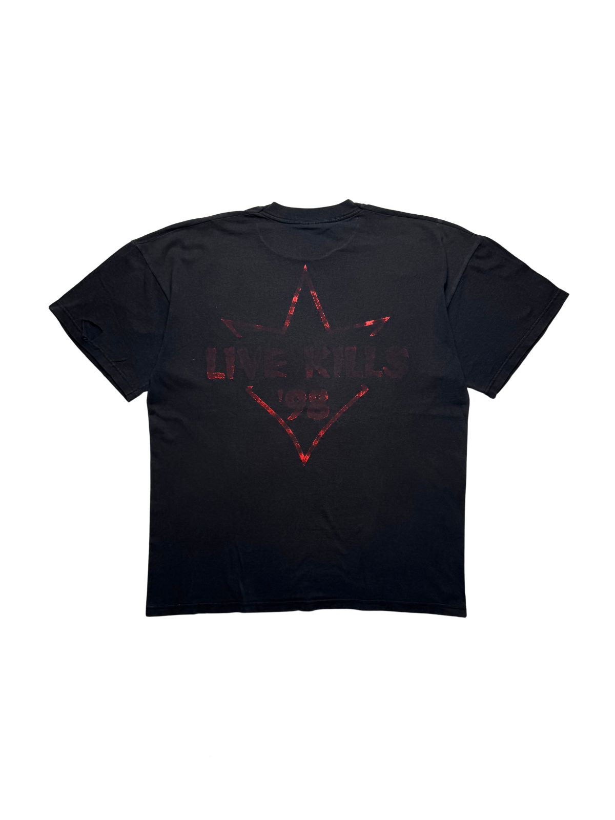 Rückseite des schwarzen In Flames Vintage-Shirts von 1998 in der Gesamtansicht mit rotem „LIVE KILLS '98“-Sternenlogo.