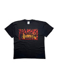Originales schwarzes Vintage In Flames T-Shirt von 1998 in der vorderen Gesamtansicht. Melodic-Death-Metal-Bandshirt mit feurigem Flammen-Box-Print und Band-Schriftzug.