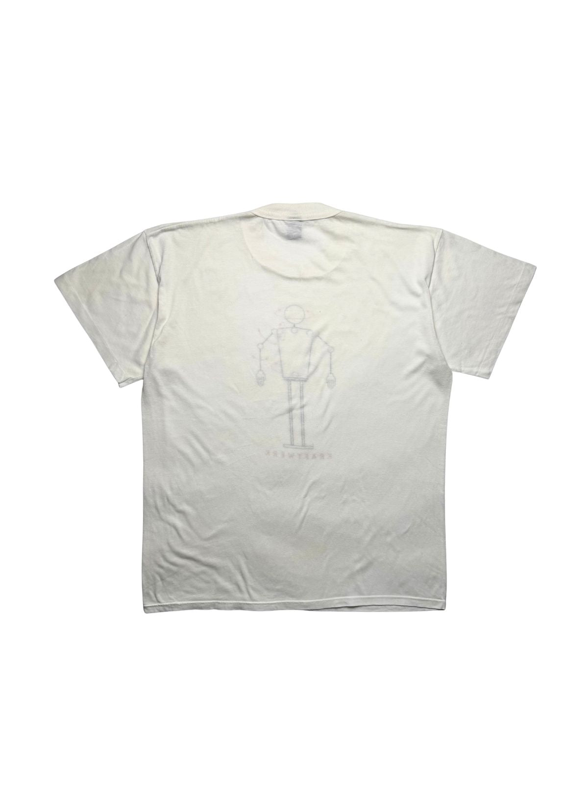 Rückseite des weißen Kraftwerk Vintage-Shirts von 1991 in der Gesamtansicht mit leicht durchscheinendem Frontprint.
