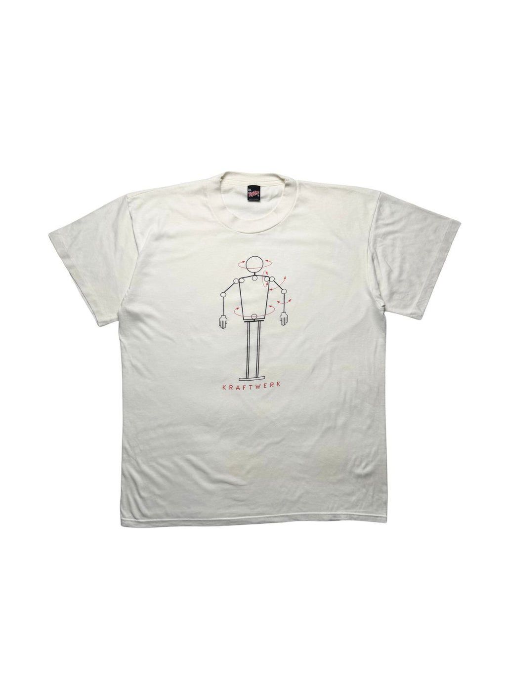 Originales weißes Vintage Kraftwerk T-Shirt zum Album „The Mix“ aus dem Jahr 1991 in der vorderen Gesamtansicht. Minimalistisches Elektropop-Bandshirt mit Roboter-Roboter-Grafik.