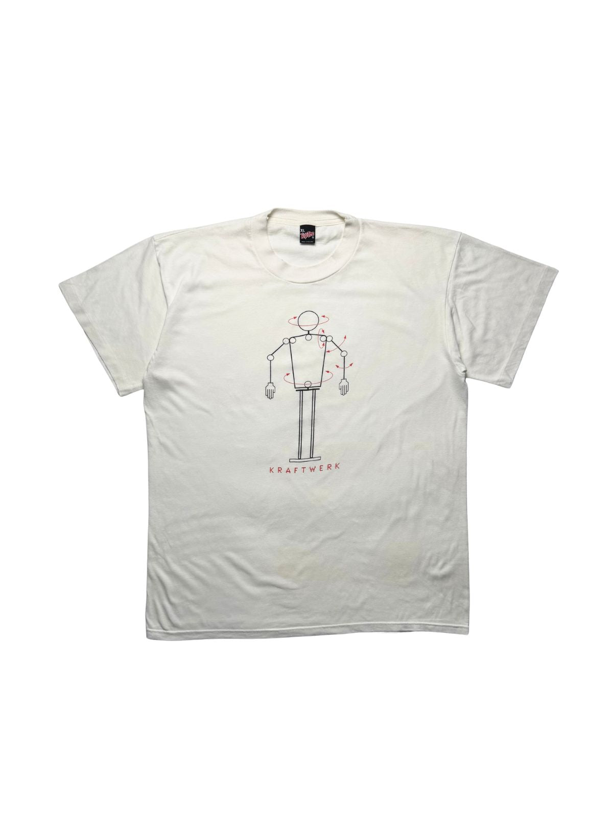 Originales weißes Vintage Kraftwerk T-Shirt zum Album „The Mix“ aus dem Jahr 1991 in der vorderen Gesamtansicht. Minimalistisches Elektropop-Bandshirt mit Roboter-Roboter-Grafik.