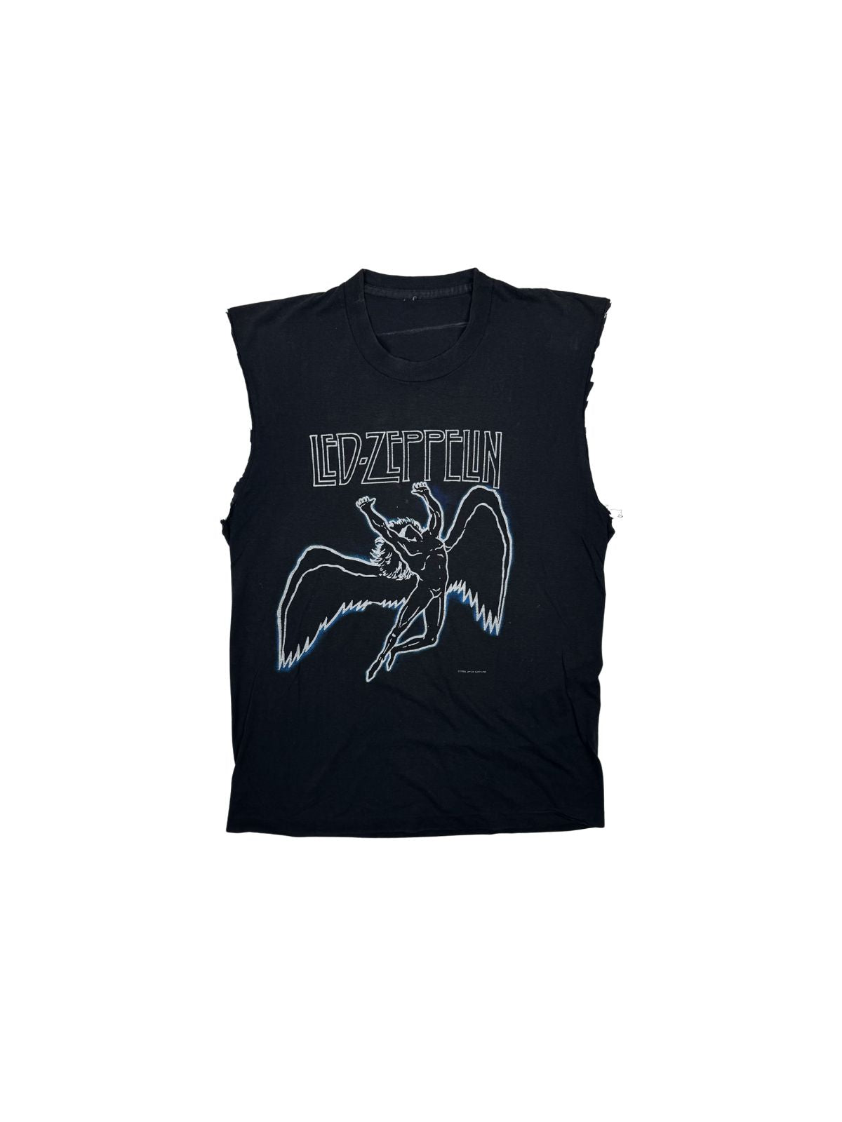 Vorderseite eines schwarzen Led Zeppelin Vintage Tank Tops mit dem ikonischen weißen Icarus-Logo (Swan Song) und blauem Schatteneffekt, datiert auf 1984.
