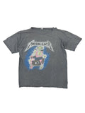 Foto 1 (Vorderansicht flach): Vorderseite eines extrem verwaschenen, grauen Metallica Vintage Shirts von 1987; zeigt das seltene „Electric Chair Skeleton“-Motiv mit Blitzen in Blau und Pink.