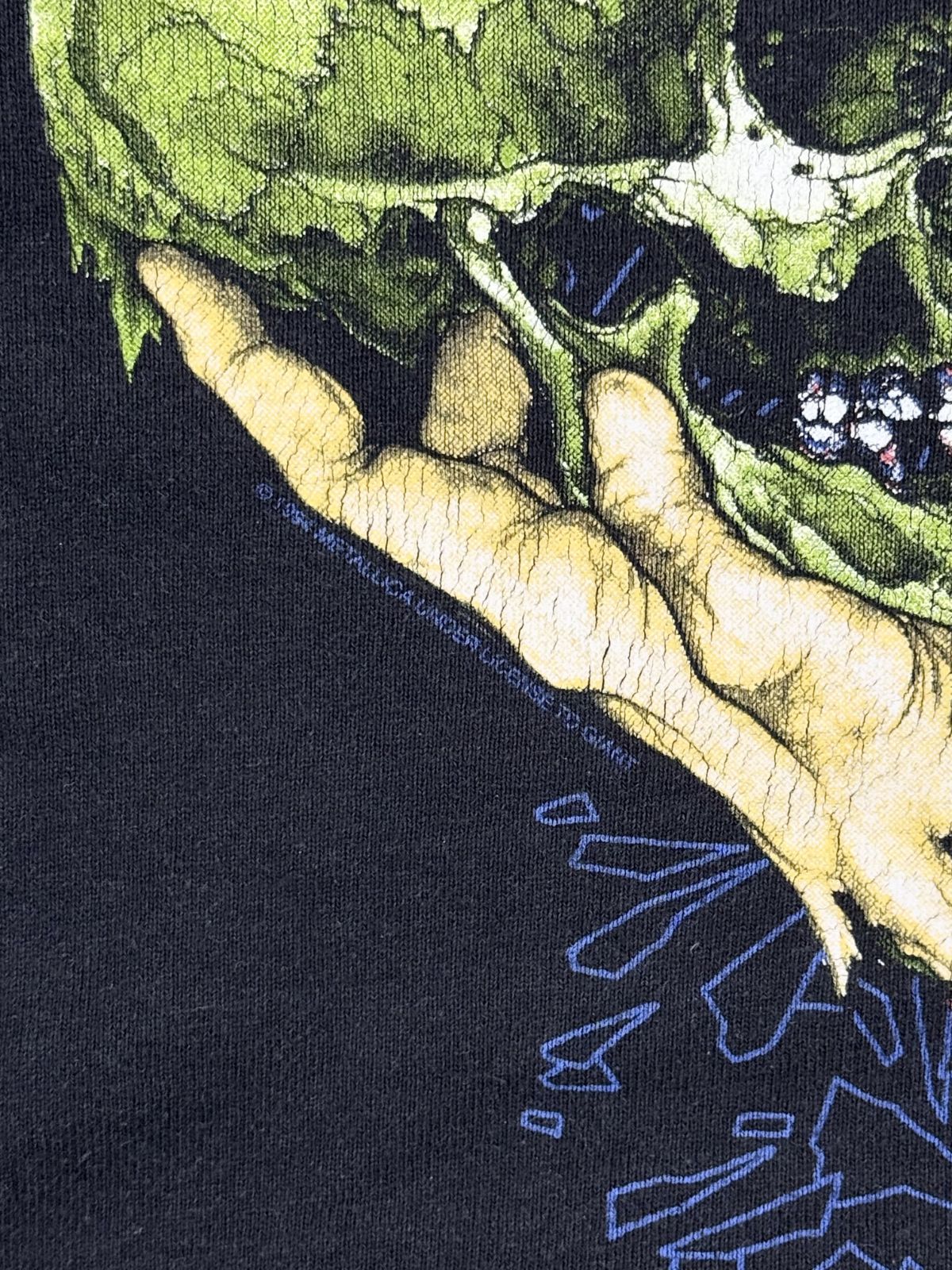Makroaufnahme der linken unteren Ecke des Backprints. Unterhalb der gezeichneten Hand ist der feine blaue Lizenztext „© 1994 METALLICA UNDER LICENSE TO GIANT“ auf dem schwarzen Stoff zu erkennen.