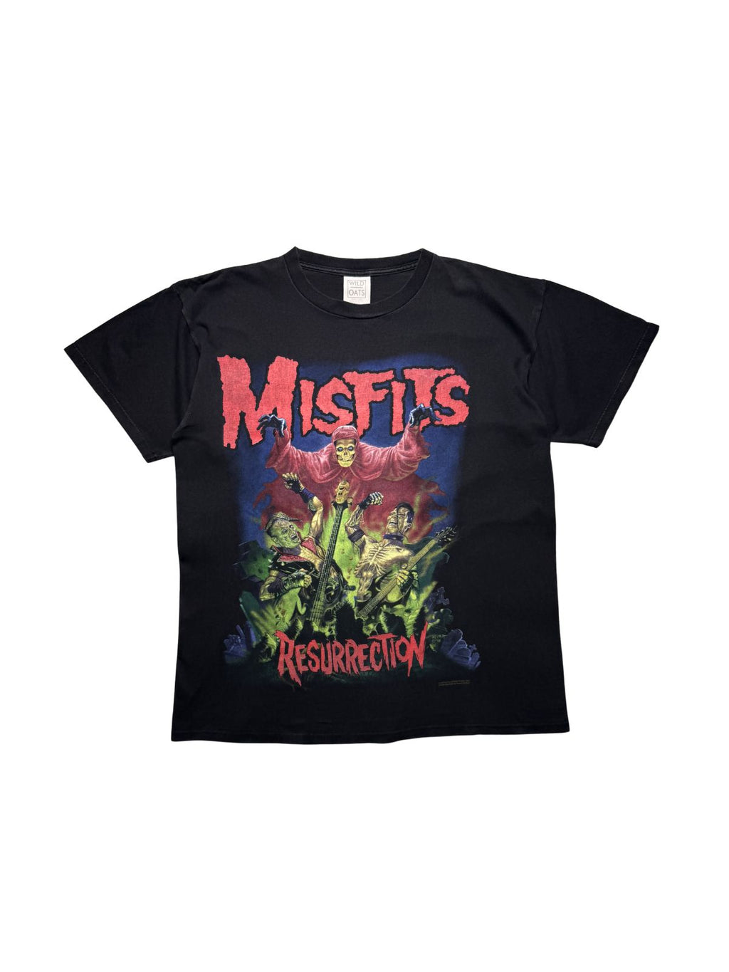 Originales schwarzes Vintage Misfits T-Shirt aus dem Jahr 1997 in der vorderen Gesamtansicht. Horrorpunk-Bandshirt mit dem farbenfrohen „Resurrection“-Albummotiv von Ed Repka.
