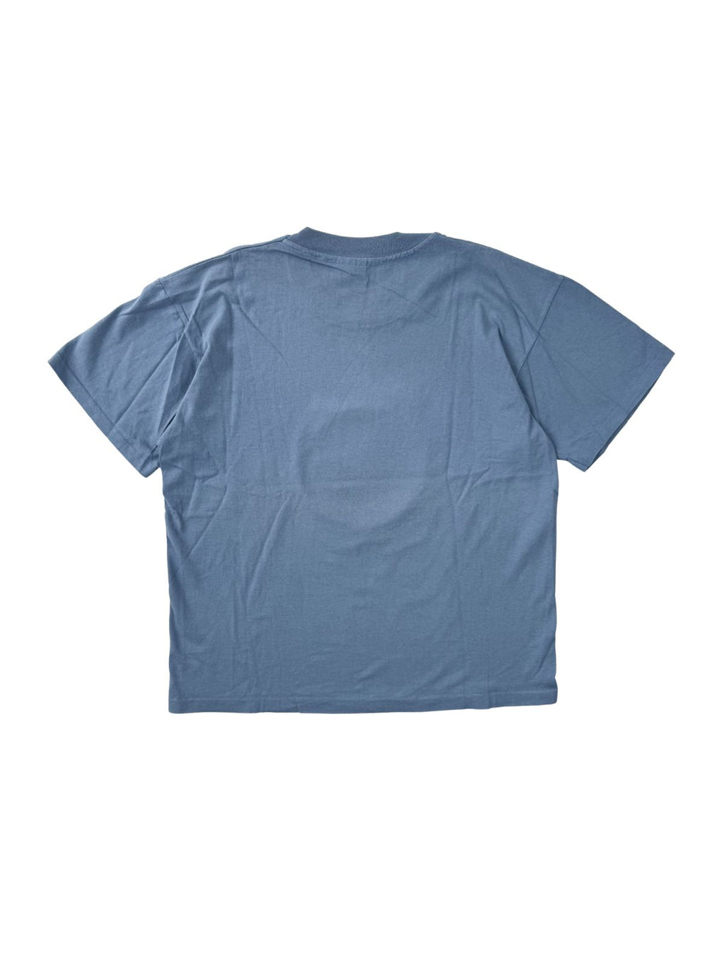 Rückseite des hellblauen Vintage-T-Shirts; schlichtes Design ohne Aufdruck auf verwaschenem Baumwollstoff.