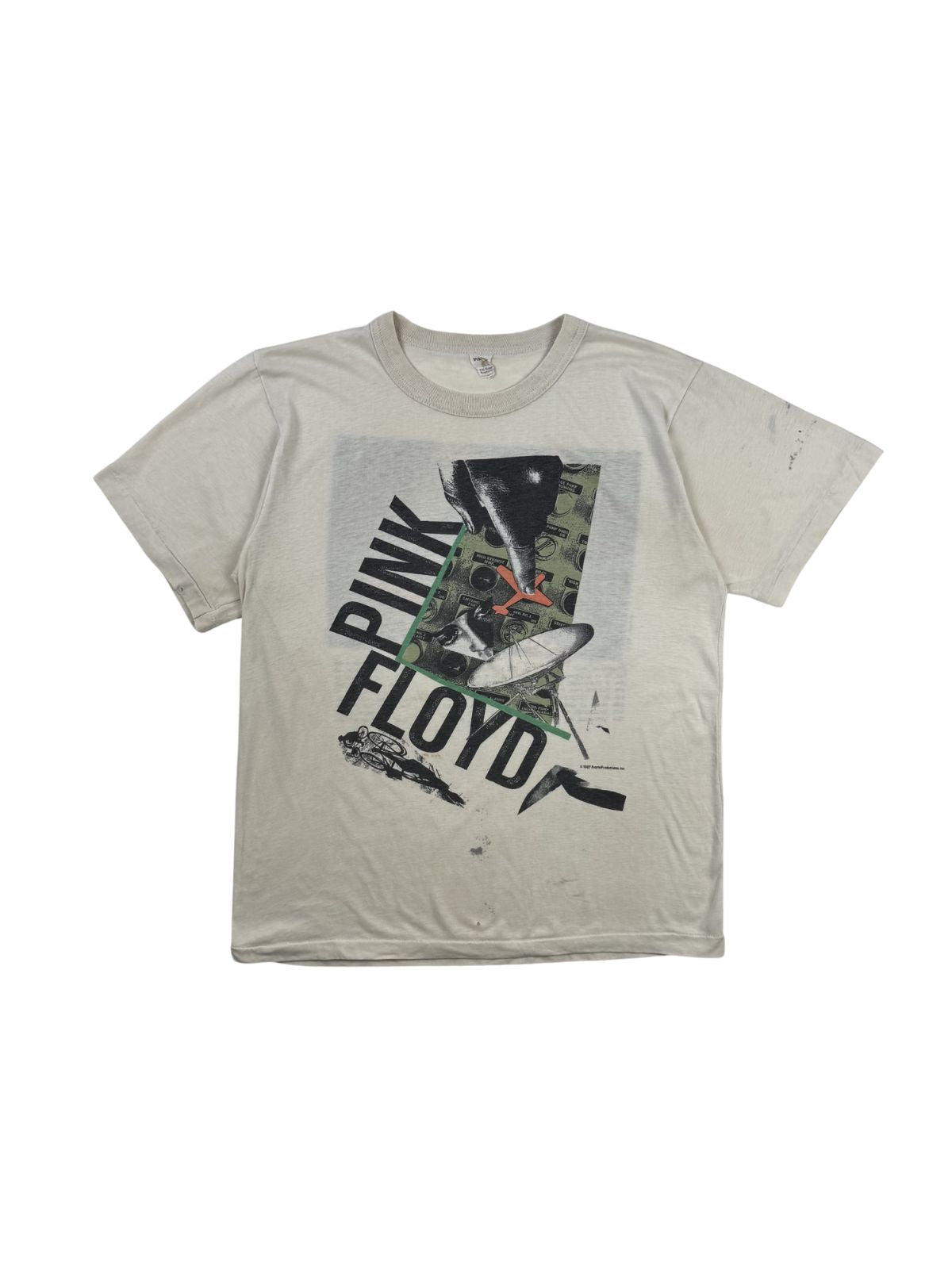 Originales Vintage Pink Floyd T-Shirt von 1987 zur „A Momentary Lapse of Reason“ World Tour. Weißes Progressive-Rock-Bandshirt in der Frontansicht mit surrealistischem Grafik-Print und diagonalem Band-Schriftzug.