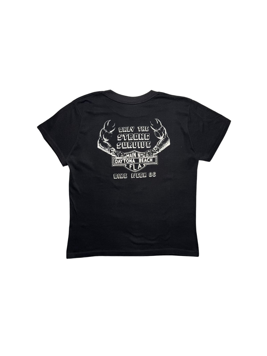 Rückseite des schwarzen 1986er Daytona Beach Bike Week T-Shirts in der Gesamtansicht mit dem Motiv „ONLY THE STRONG SURVIVE - MAIN ST DAYTONA BEACH FLA“.