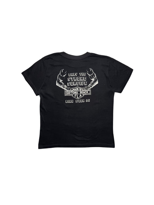 Rückseite des schwarzen 1986er Daytona Beach Bike Week T-Shirts in der Gesamtansicht mit dem Motiv „ONLY THE STRONG SURVIVE - MAIN ST DAYTONA BEACH FLA“.
