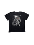 Originales schwarzes Vintage 80er-Jahre Biker T-Shirt in der vorderen Gesamtansicht mit großem Grim-Reaper-Siebdruck (Sensemann mit roten Augen).