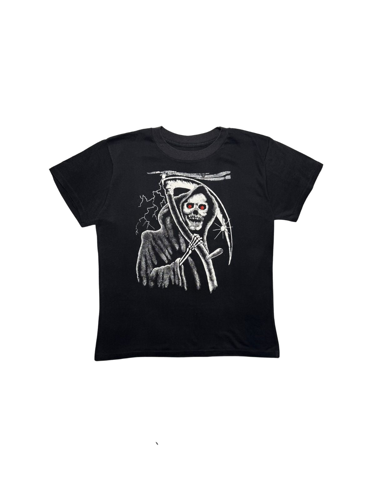 Originales schwarzes Vintage 80er-Jahre Biker T-Shirt in der vorderen Gesamtansicht mit großem Grim-Reaper-Siebdruck (Sensemann mit roten Augen).