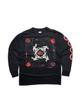 Originales schwarzes Vintage Red Hot Chili Peppers Longsleeve Shirt von 1991 zum Album „Blood Sugar Sex Magik“ in der vorderen Gesamtansicht mit ikonischem Cover-Artwork und bedruckten Ärmeln.
