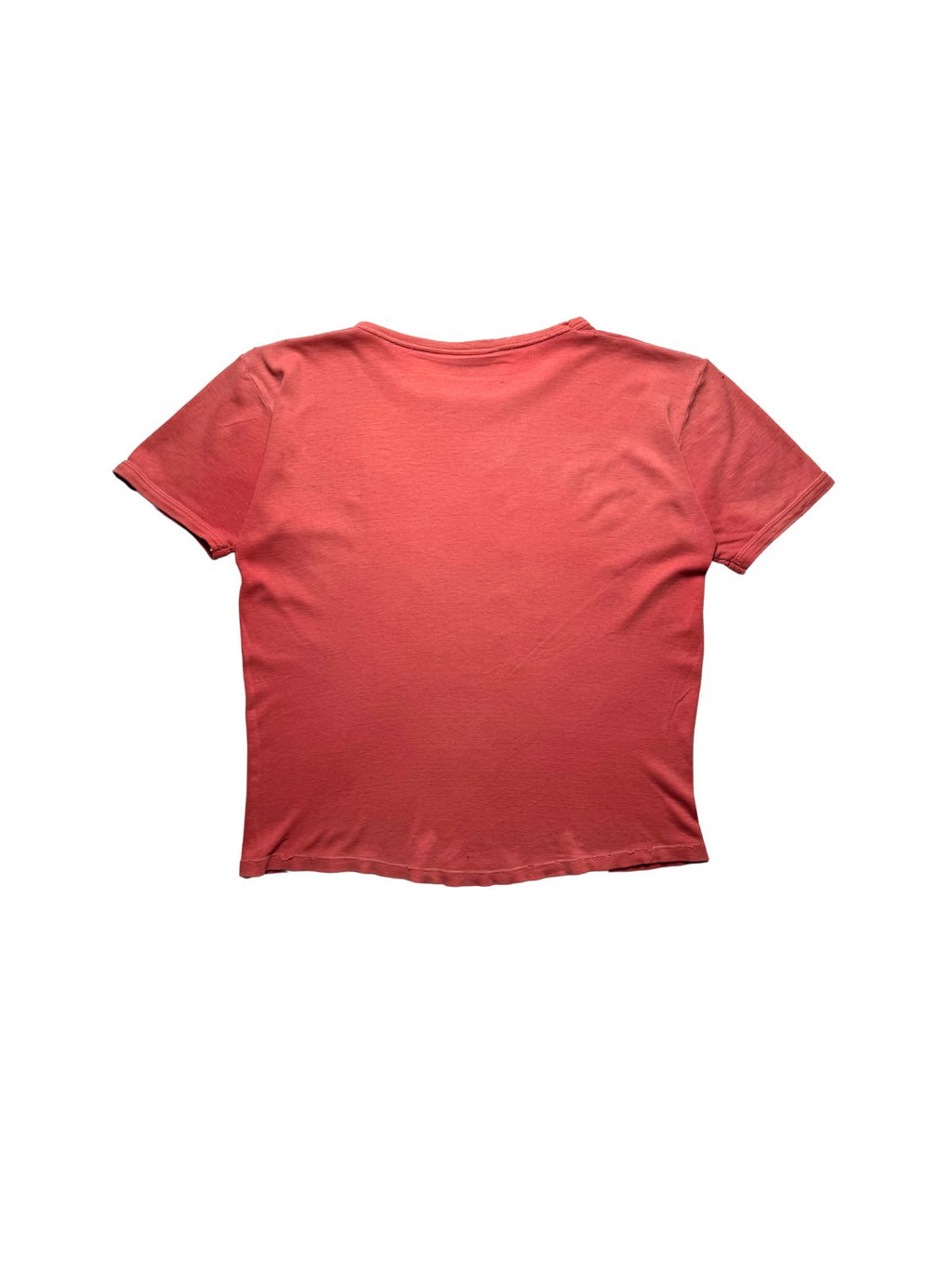 Rückseite des roten Rush Vintage-Shirts von 1979 in der unbedruckten Gesamtansicht auf verwaschenem Baumwollstoff.