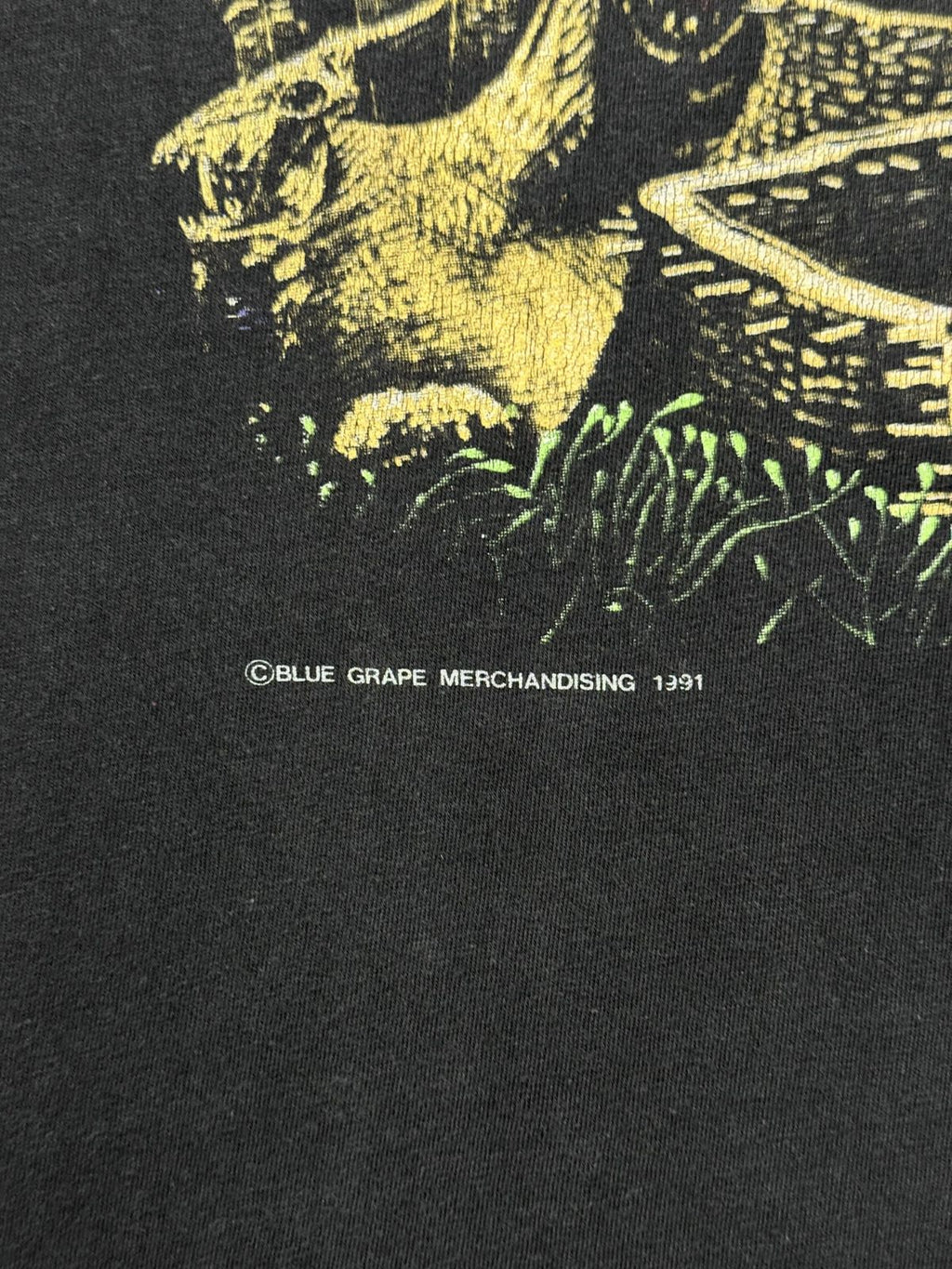 Makroaufnahme des originalen Copyright-Satzes unten links im Frontprint: „© BLUE GRAPE MERCHANDISING 1991“ zur Echtheitsbestätigung.