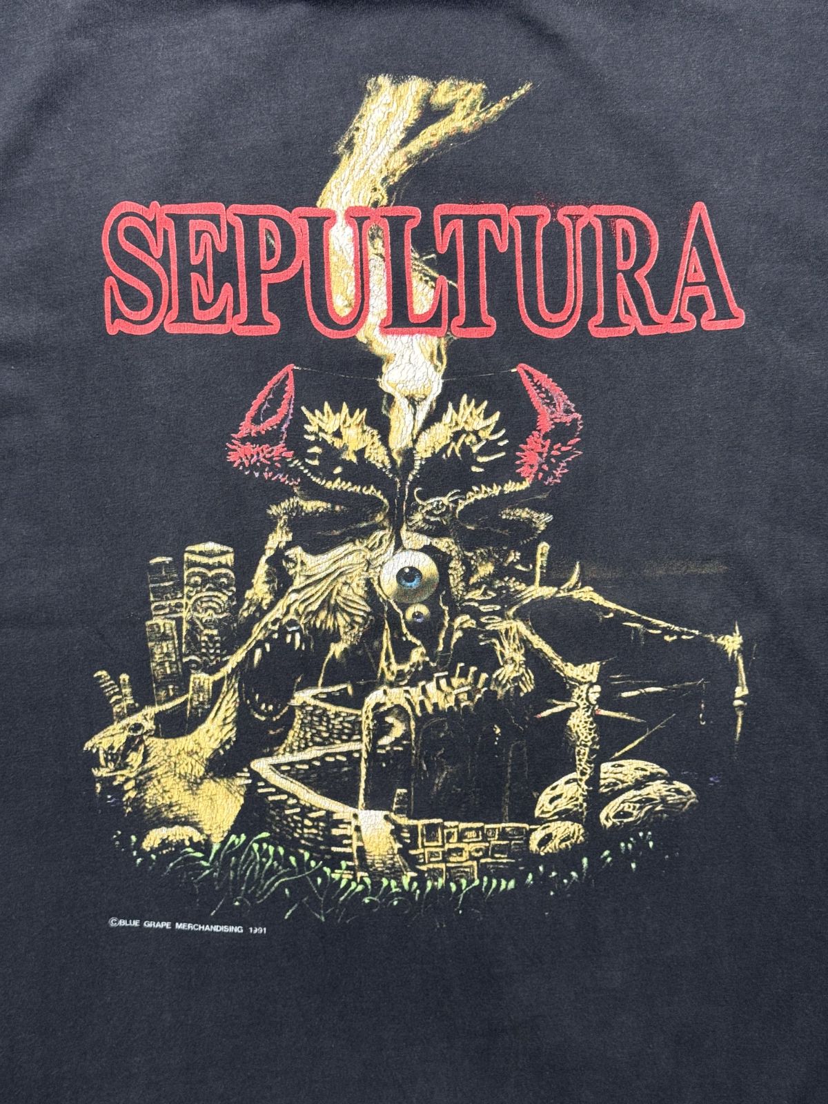 Detailansicht des vorderen Siebdrucks mit dem roten „SEPULTURA“-Schriftzug und dem ikonischen Michael-Whelan-Cover-Artwork von 1991.