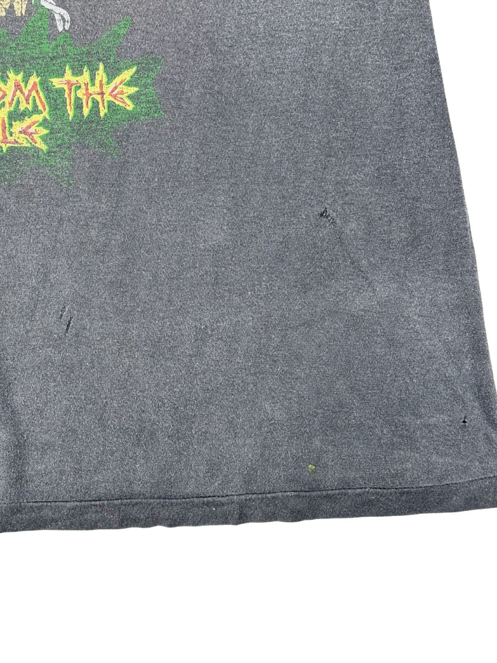 Detailansicht des unteren Frontbereichs mit mehreren kleinen, für das Alter typischen Löchern (Pinholes) im verwaschenen Stoff unterhalb des Grafik-Artworks.