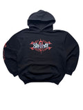 Originaler schwarzer Vintage Slipknot Kapuzenpullover aus dem Jahr 2003 in der vorderen Gesamtansicht. Nu-Metal-Band-Hoodie mit rot-lila Tribal-Brustprint, Kängurutasche und Ärmelbedruckung.