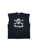 Originales Vintage FC St. Pauli Tank Top aus den 2000er Jahren. Schwarz verwaschenes Muscle Shirt mit dem ikonischen weißen Totenkopf-Logo und „St. Pauli“-Schriftzug in der Frontansicht.