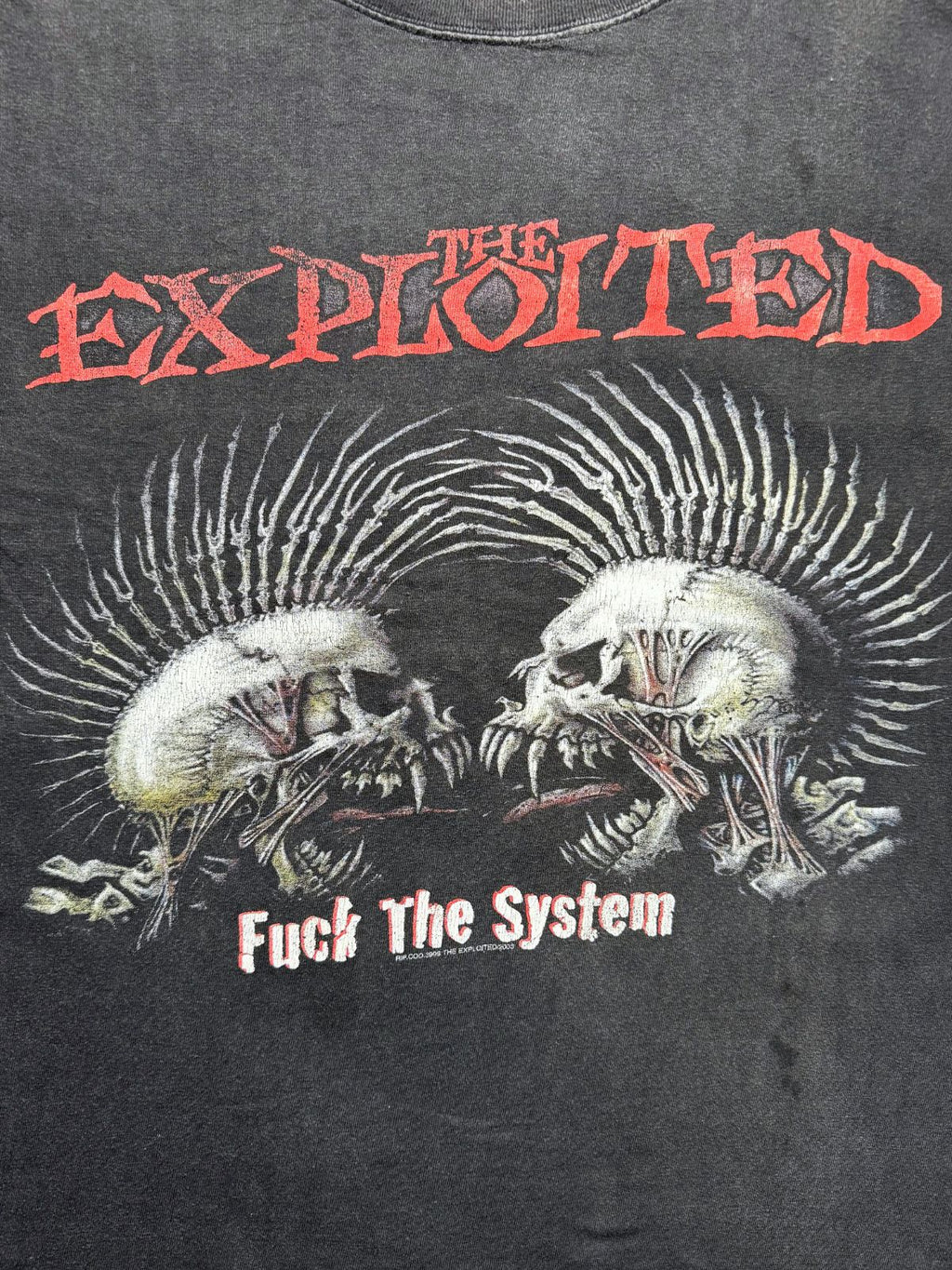 Detailansicht der vorderen Grafik mit dem roten „THE EXPLOITED“-Logo, zwei skelettierten Irokesen-Schädeln und dem Slogan „Fuck The System“.