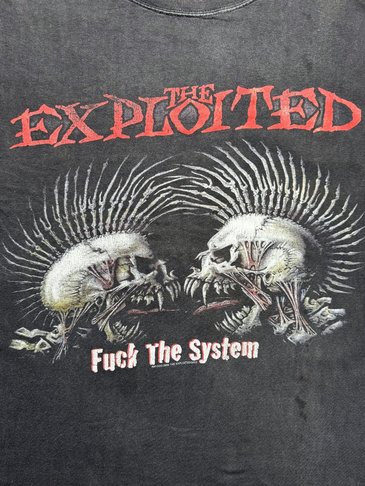 Detailansicht der vorderen Grafik mit dem roten „THE EXPLOITED“-Logo, zwei skelettierten Irokesen-Schädeln und dem Slogan „Fuck The System“.