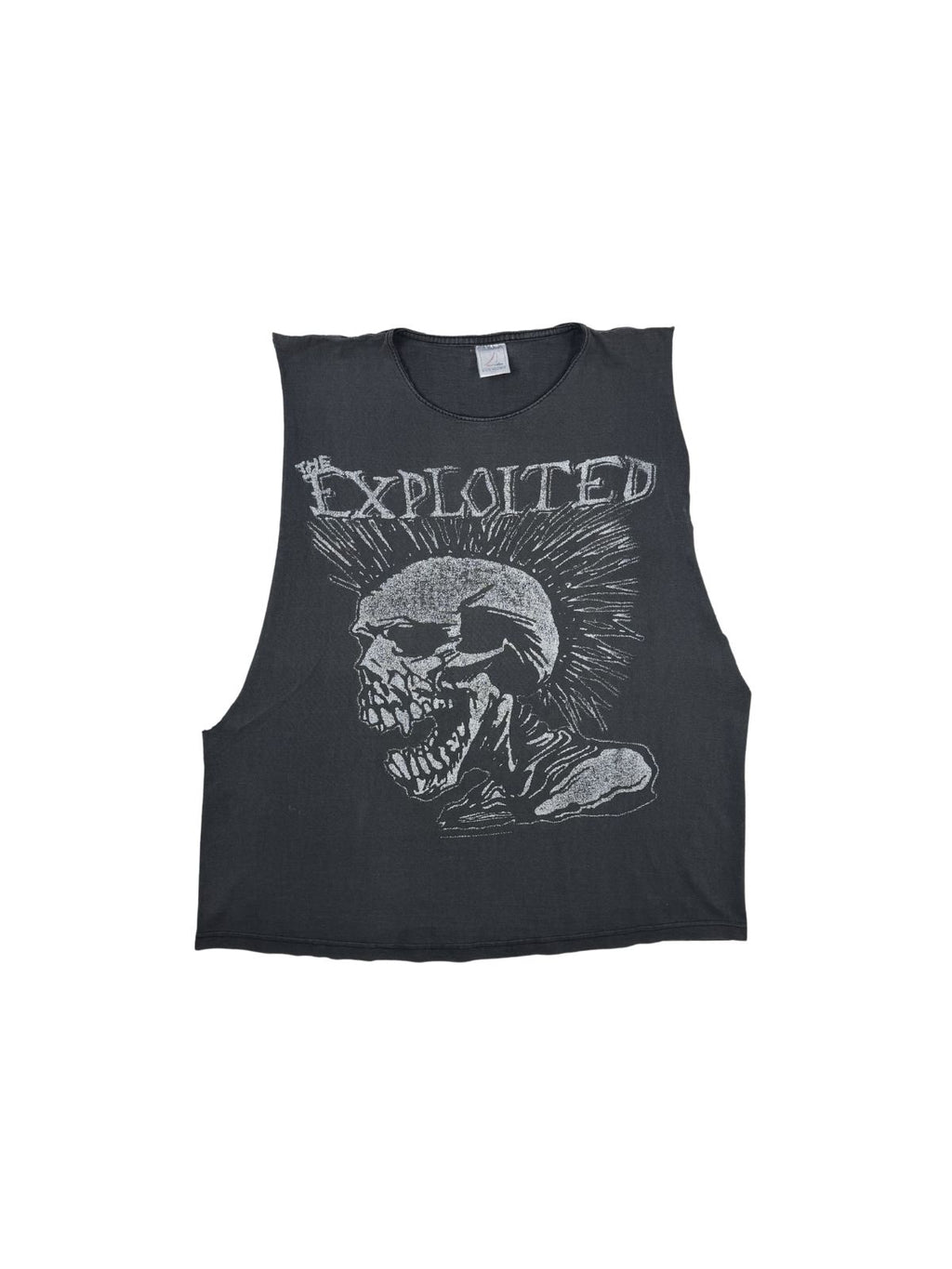 Originales Vintage Punk-Shirt der Band The Exploited aus dem Jahr 1998. Grau-schwarz verwaschenes, ärmelloses DIY Muscle Shirt mit dem ikonischen Irokesen-Totenkopf-Print (Mohawk Skull) auf der Vorderseite.