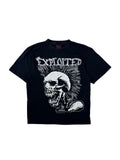 Originales schwarzes Vintage The Exploited T-Shirt aus dem Jahr 1998 in der vorderen Gesamtansicht mit großem, weißem Irokesen-Schädel-Siebdruck.