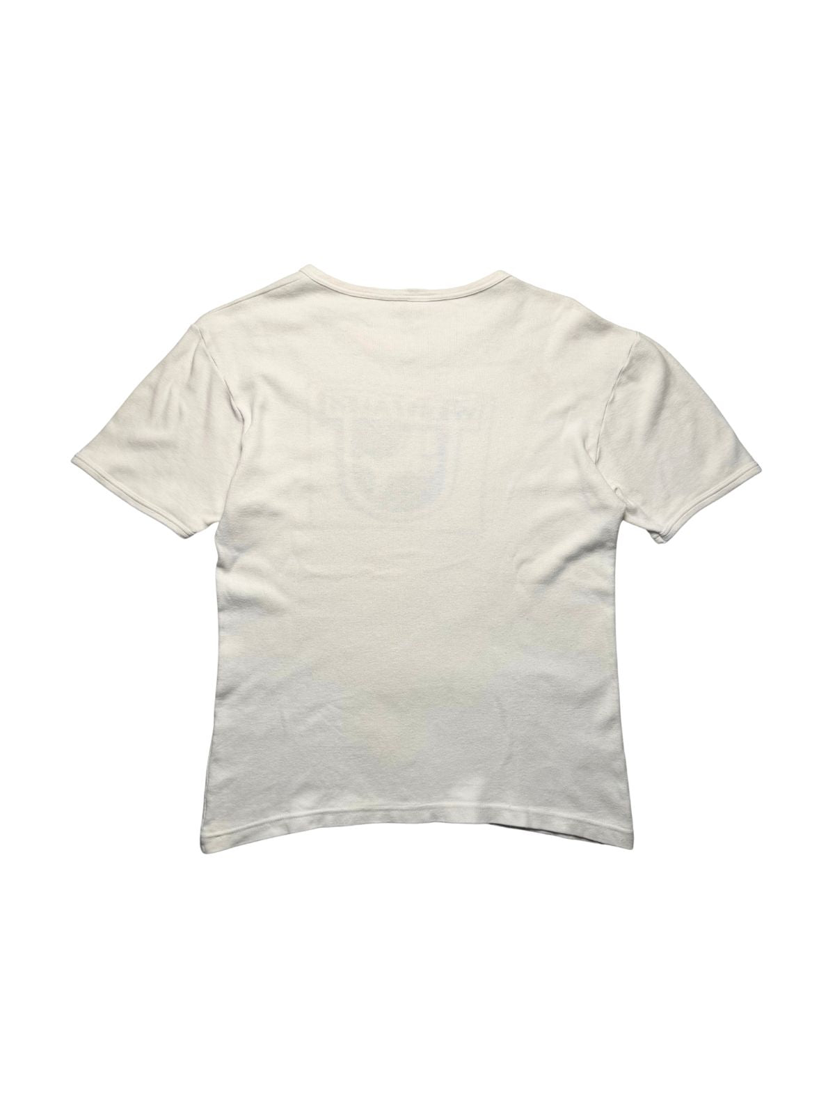 Rückseite des weißen Westfalen Vintage-Shirts aus den 1980ern in der unbedruckten Gesamtansicht auf weicher Baumwolle.
