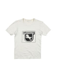 Weißes Vintage-T-Shirt aus den 1980er Jahren mit schwarzem Grafikprint des Westfalen-Pferdewappens und dem Schriftzug „Westfalen“.